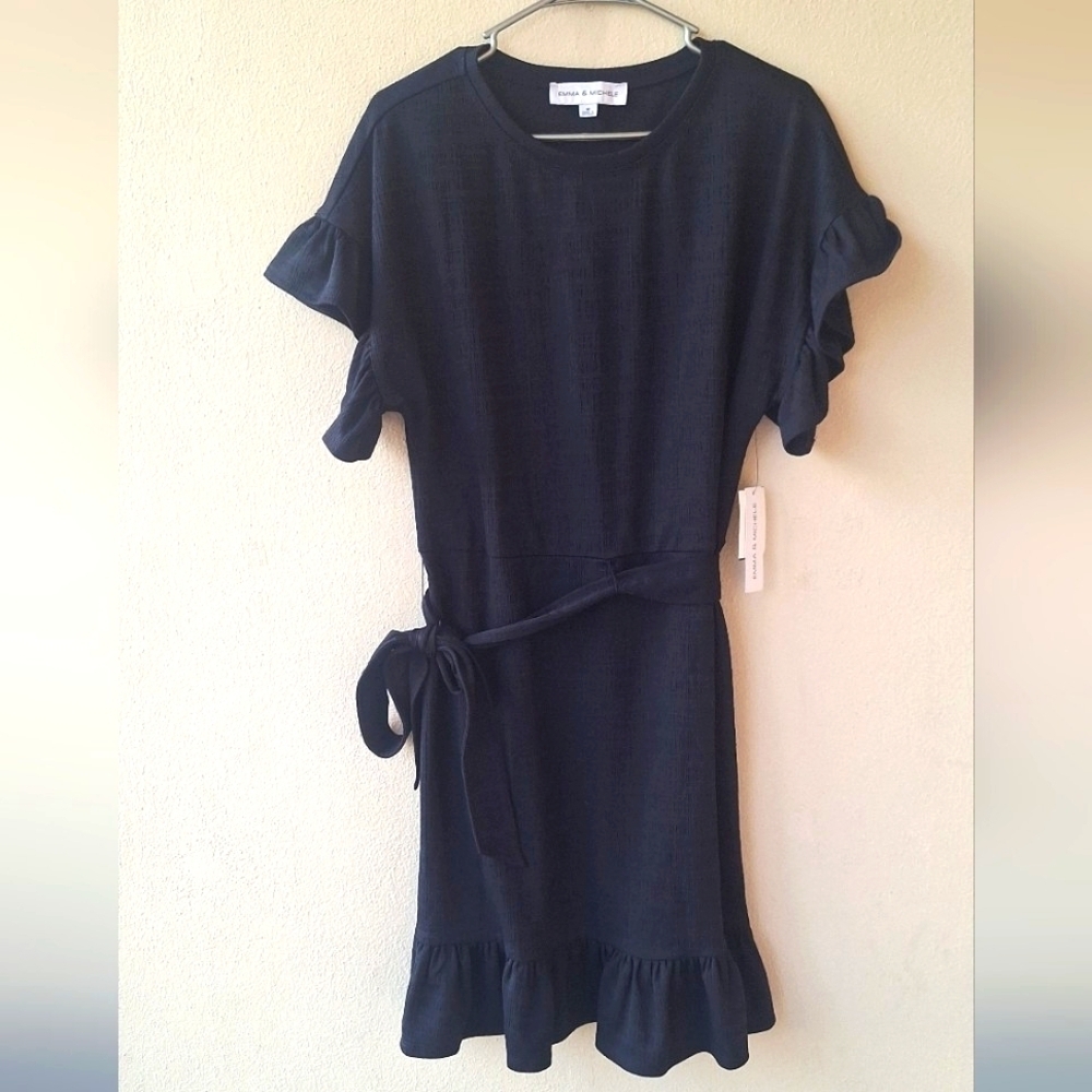Emma & Michele Blue Navy Ruffle Women's Dress Flutter Short Sleeves Size M NWT - Picture 3 of 11